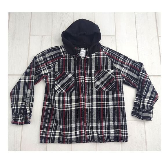 Zara Mens Medium Plaid Overshirt Shacket Button Up Hooded Jacket Black Red Shirt - Picture 1 of 8